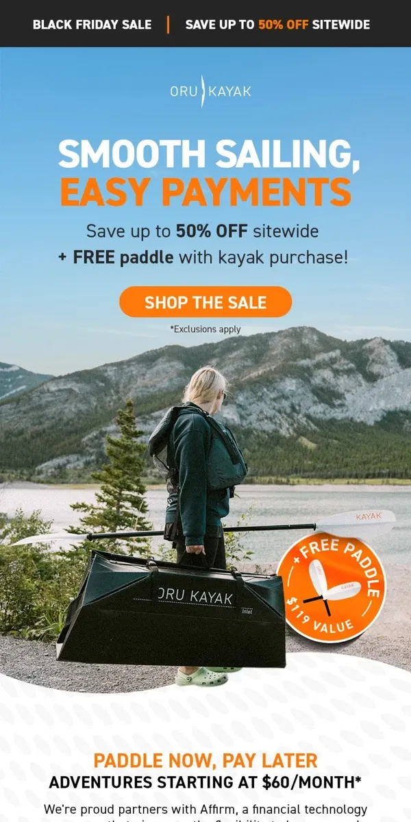 Email from Oru Kayak. Black Friday Sale | Paddle Now, Pay Later