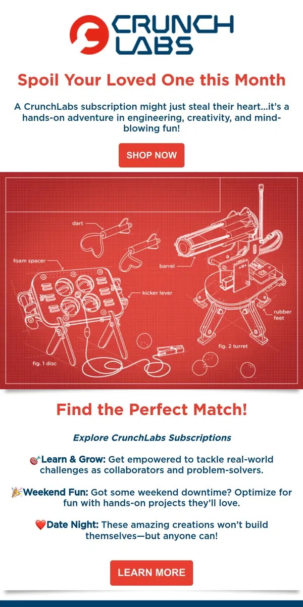 Email from CrunchLabs. Love at First Build