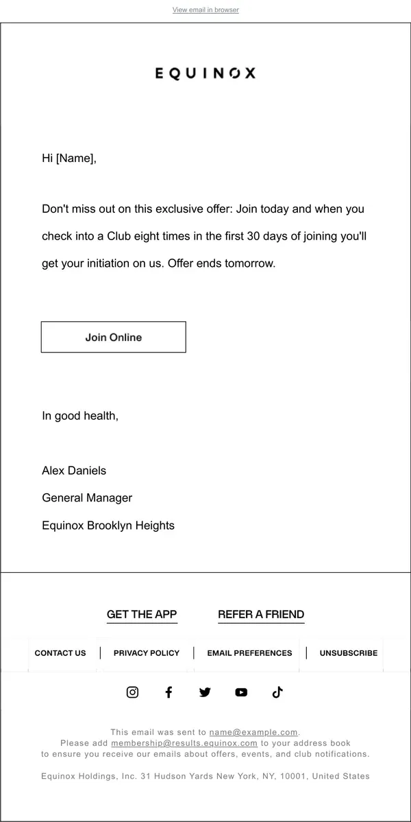 Email from Equinox. Last Chance to Earn Back Your Initiation