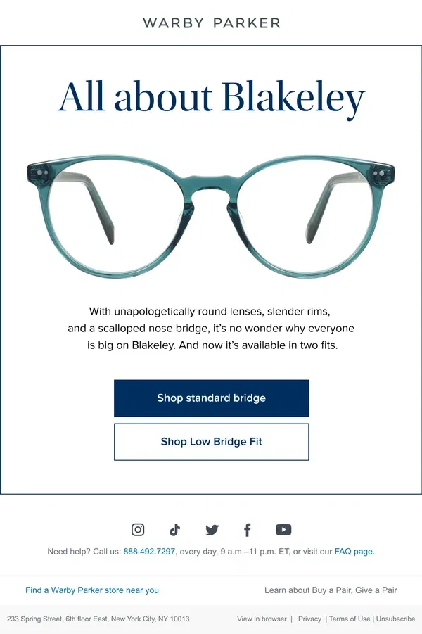 Email from Warby Parker. Some Blakeley buzz