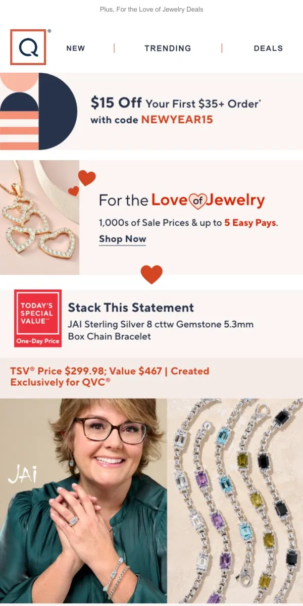 Email from QVC. Shine Brighter with Gemstone Jewelry + Get $15 Off