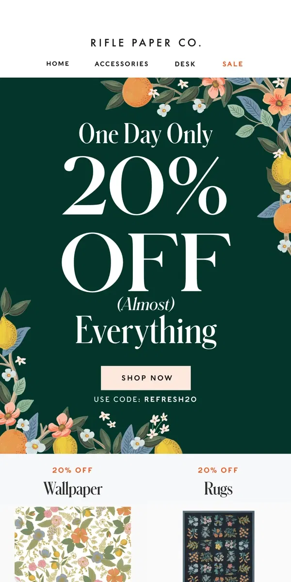 Email from Rifle Paper Co.. 🚨 Last Chance! 20% Off Almost Everything Ends Tonight