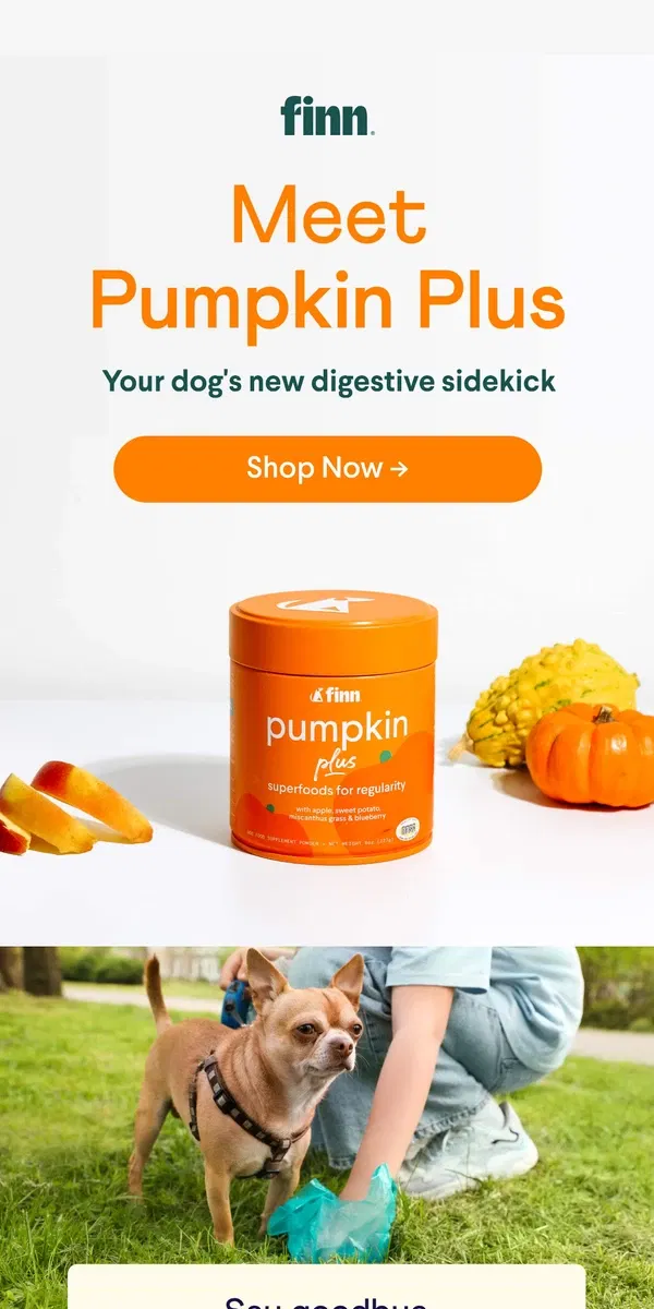 Email from Finn. New! Pumpkin Plus: Superfood Powder for Digestive Health & Regularity ✨