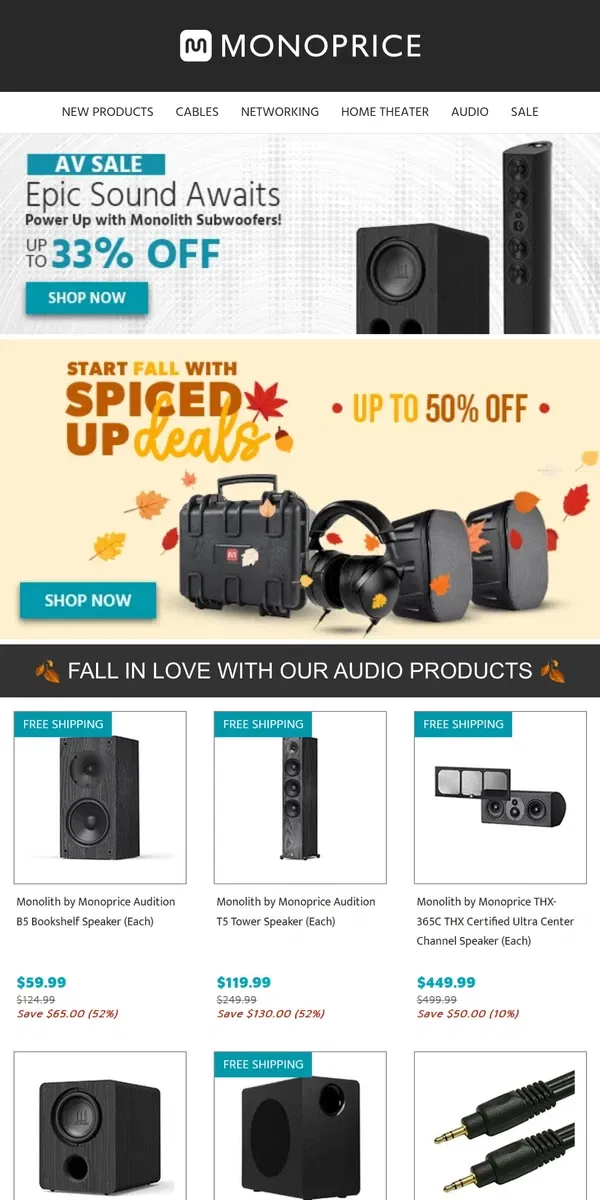 Email from Monoprice. Up to 50% OFF | Home Theater Audio Deals!