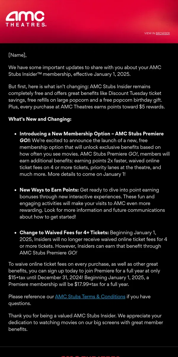 Email from AMC Theatres. Important Updates to Your AMC Stubs Insider Membership