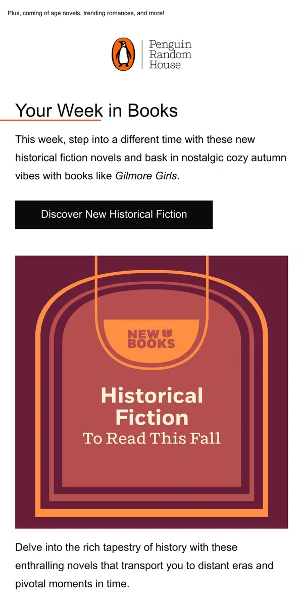 Email from Penguin Random House. Your Week in Books: Our New Historical Fiction Arrivals