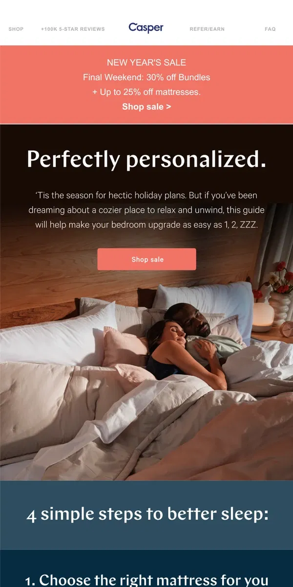 Email from Casper. Create a cozier bedroom this holiday.