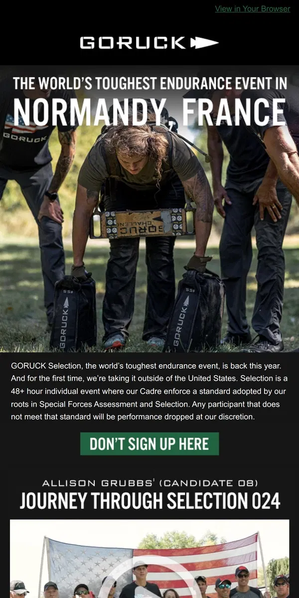 Email from GORUCK. Don’t Sign Up For GORUCK Selection