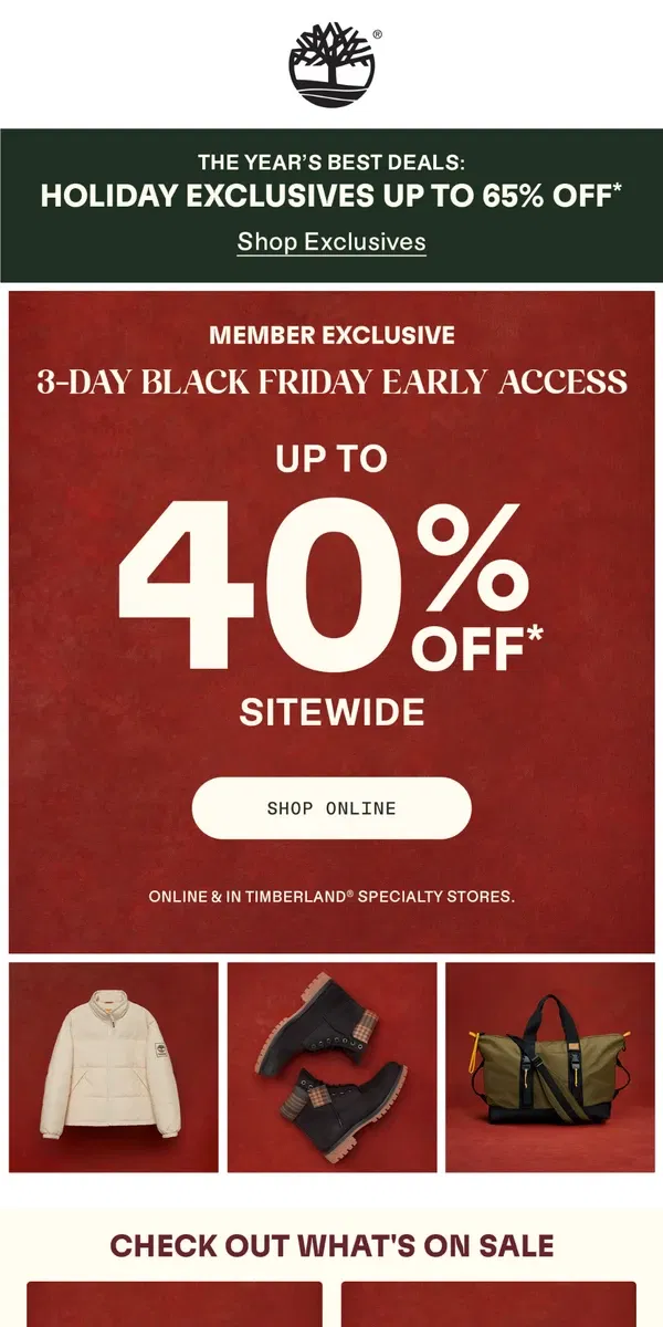 Email from Timberland. You're In! Up to 40% Off & Exclusive Early Sale Access!