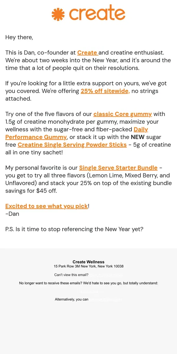 Email from Create Wellness. Just for you: 25% Off - No Strings Attached