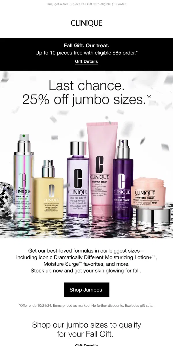 Email from Clinique. Last chance! Save 25% on jumbo skincare favorites.