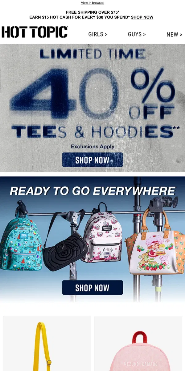 Email from Hot Topic. 40% Off Tees & Hoodies?! Yep, it’s happening 👀