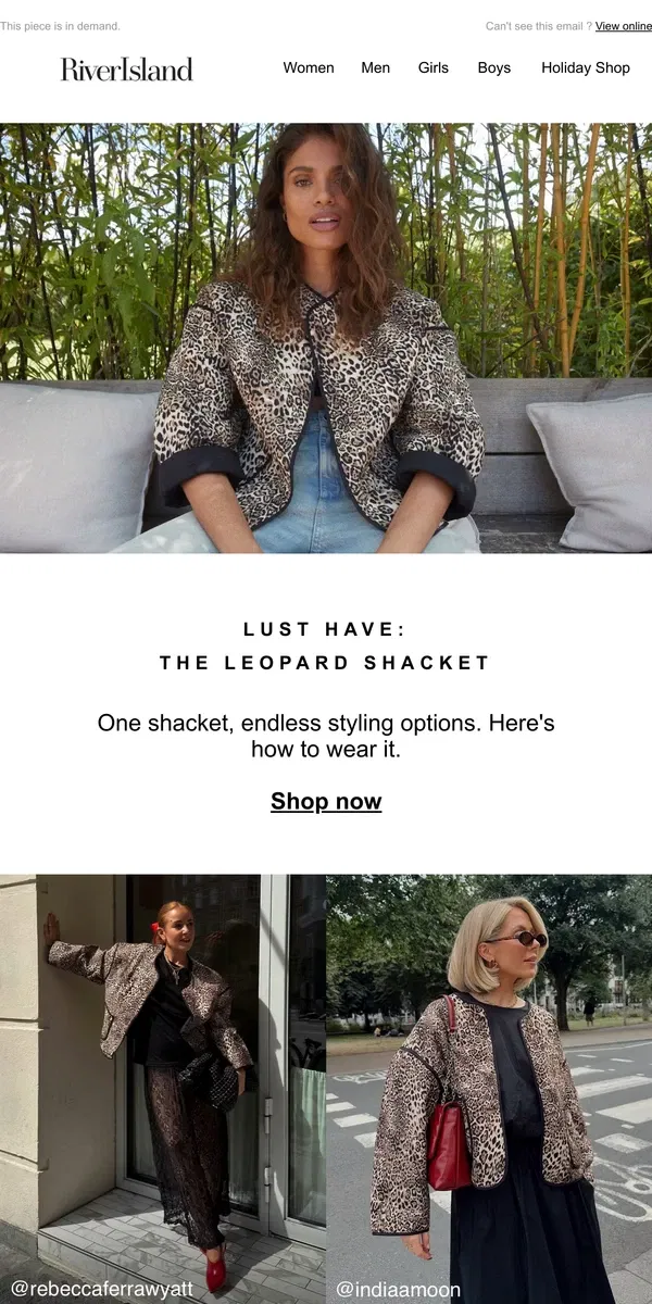 Email from River Island. The Leopard Shacket has arrived - fashion for any occasion...