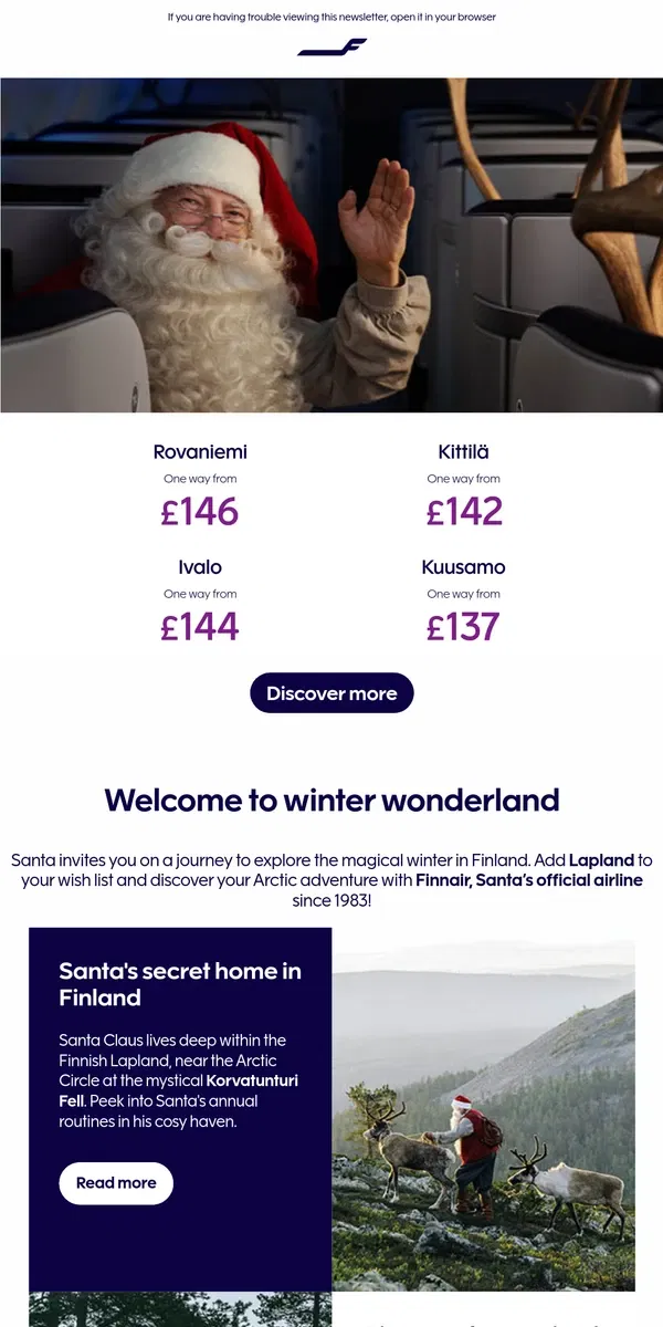 Email from Finnair. Book flights with Santa's official airline