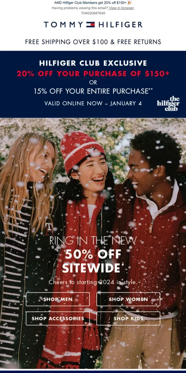 Email from Tommy Hilfiger. End 2023 on a high note: shop 50% off sitewide