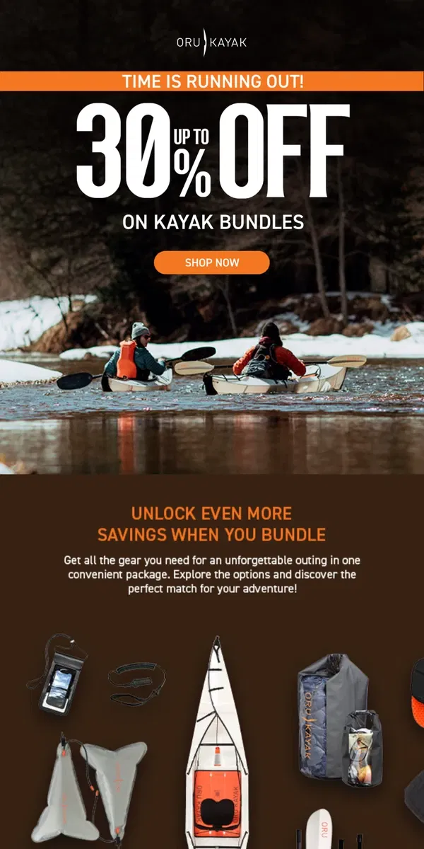 Email from Oru Kayak. Clock's Ticking: Up to $720 Off Kayak Bundles