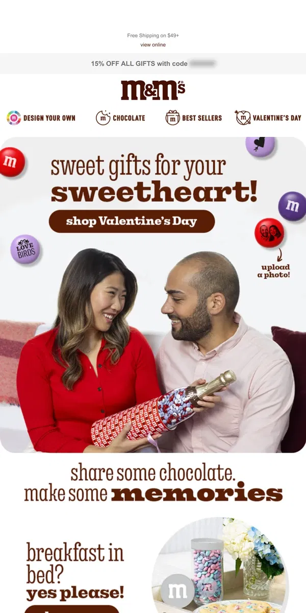 Email from M&M's. 15% off Gifts + Valentine's Day Ideas