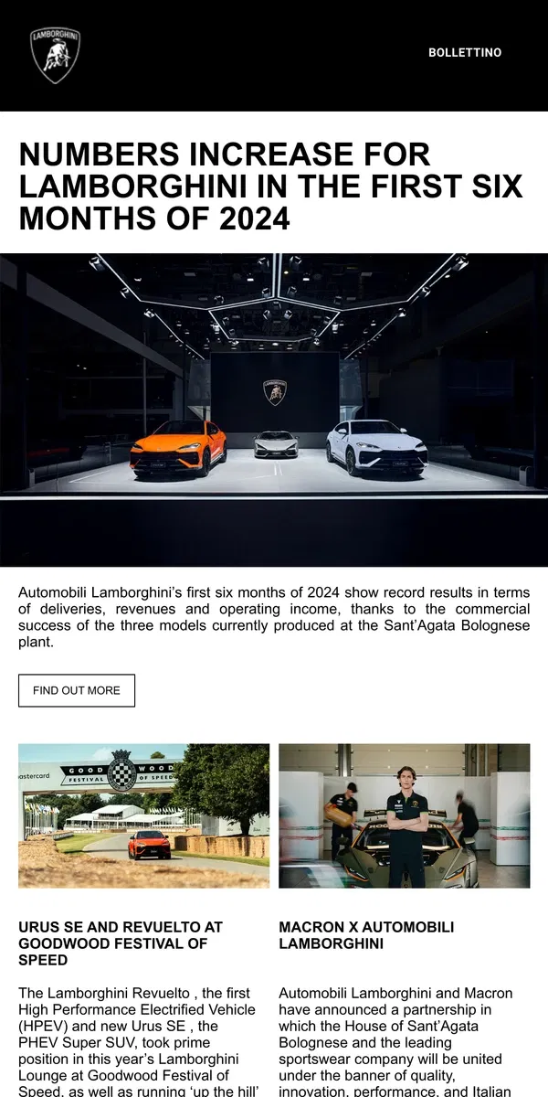 Email from Lamborghini. Numbers increase for lamborghini in the first six months of 2024