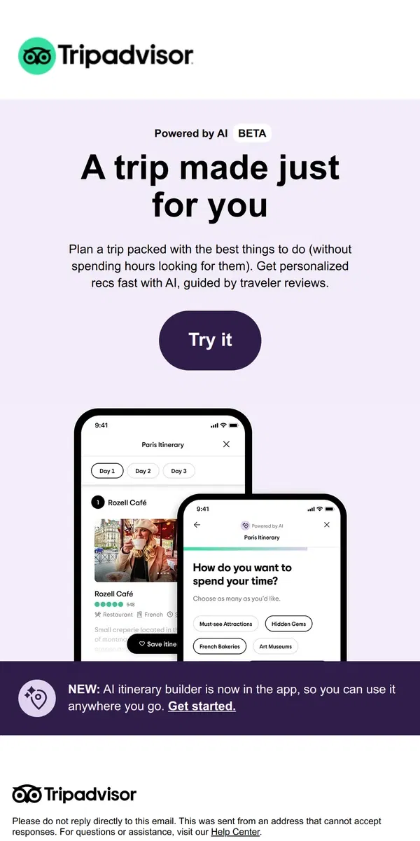 Email from Tripadvisor. Plan your next trip with AI itinerary builder