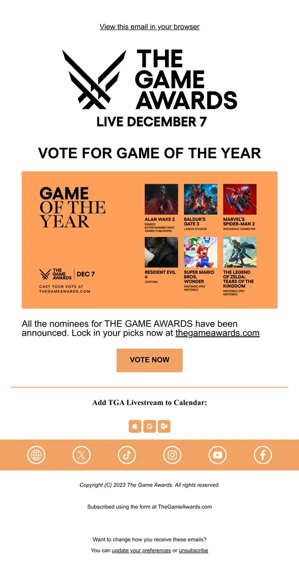 Email from The Game Awards. Game of the Year Nominees - Vote Now!