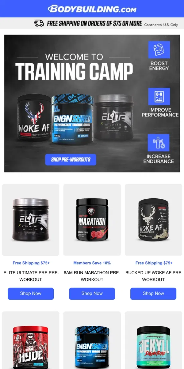 Email from Bodybuilding.com. Maximize Your Energy: Pre-Workout Collection!