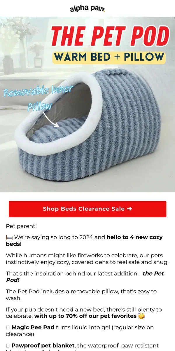 Email from Alpha Paw. 🎉 The Great New Years Eve Bed Sale!