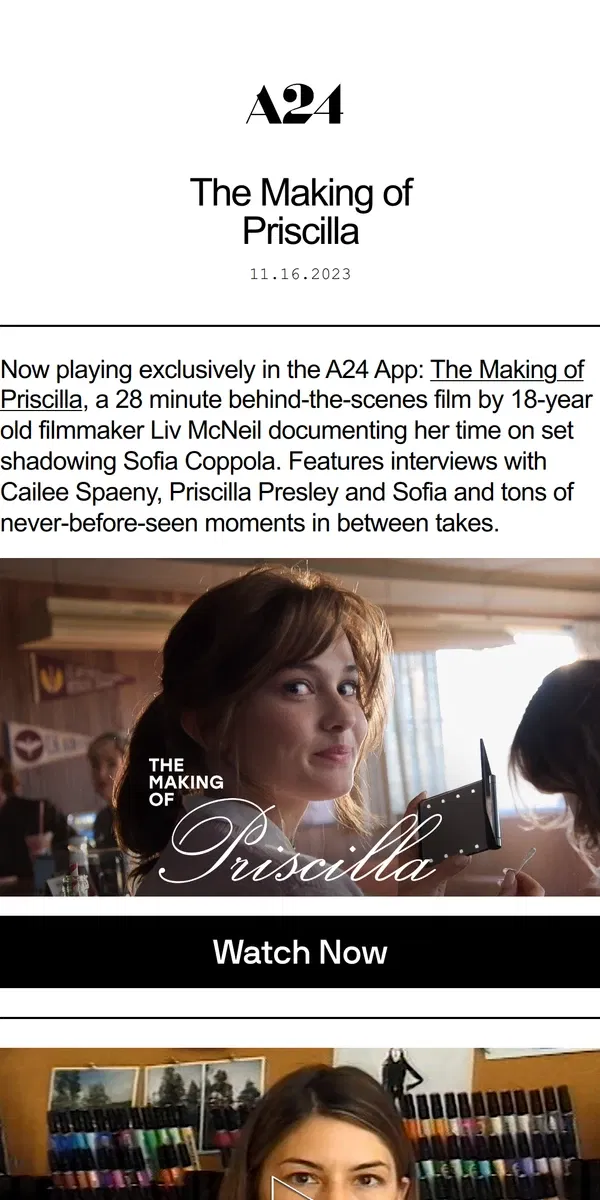 Email from A24. The Making of Priscilla