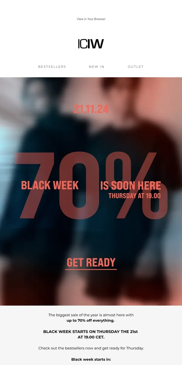 Email from ICIW Sportswear. Black Week starts in 3, 2, 1...