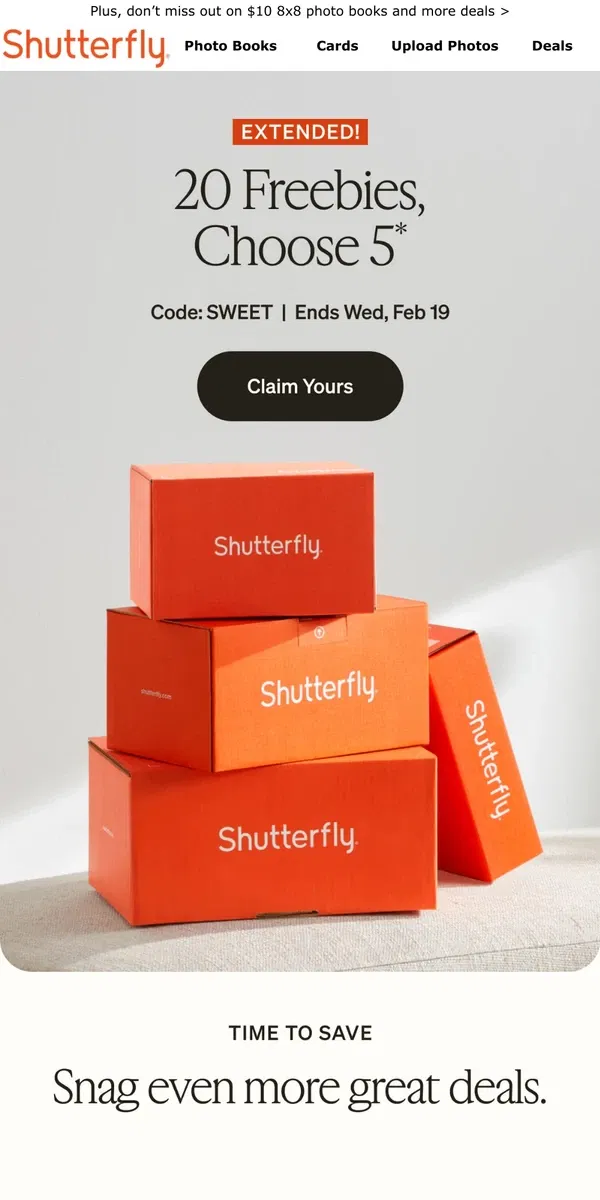 Email from Shutterfly. Time to celebrate 🥳 Pick 5 of 20 FREEBIES is extended!