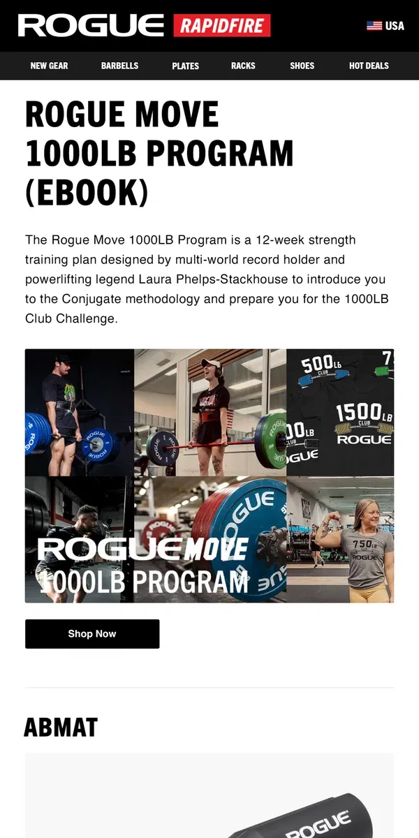 Email from Rogue Fitness. Just Launched: Rogue Move - 1000LB Program (eBook), AbMat Barbell Pad & More!