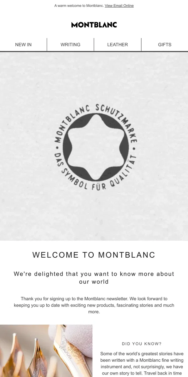 Email from Montblanc. A warm welcome to Montblanc