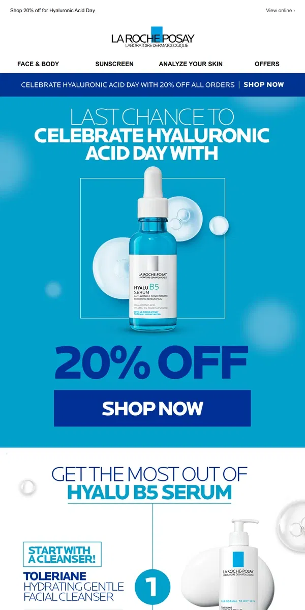 Email from La Roche-Posay. Last Call for 20% off.