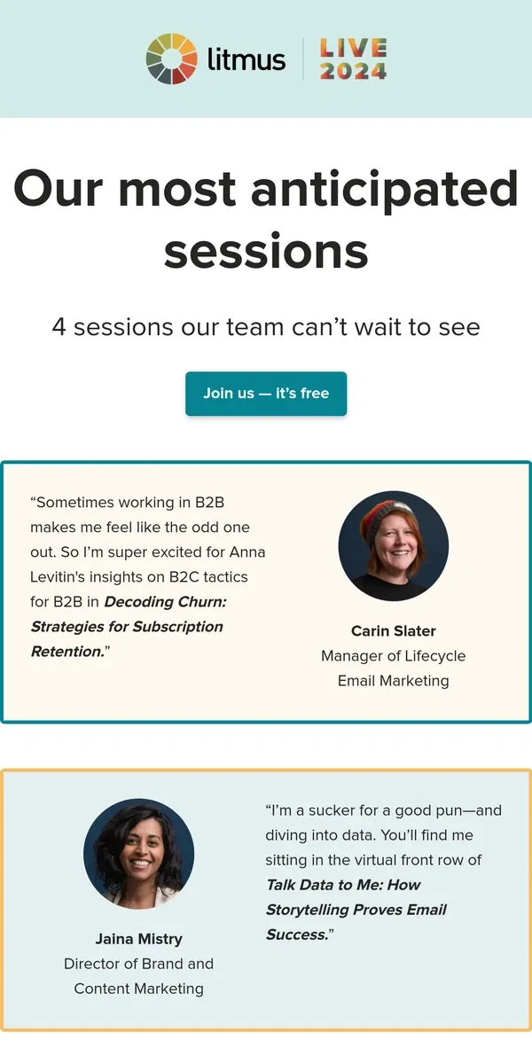 Email from Litmus. 4 sessions we can’t wait to see