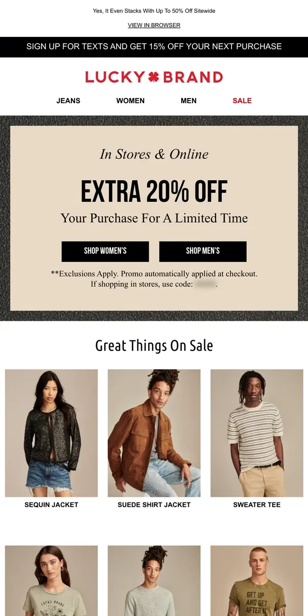 Email from Lucky Brand. Extra 20% Off This Weekend Only! Online AND In Stores