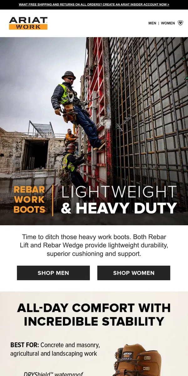 Email from Ariat. Work Boots This Tough Never Felt So Light ­