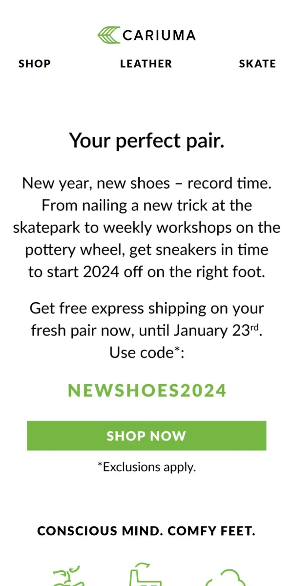 Email from Cariuma. New Year, New Shoes – Record time.