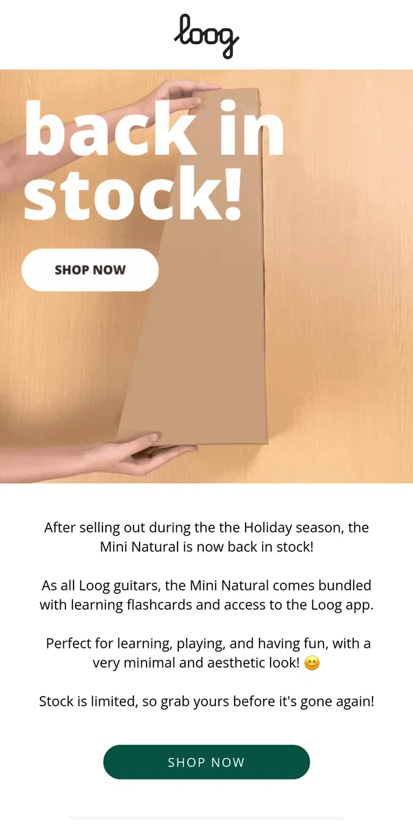 Email from Loog Guitars. Our #1 guitar is back in stock!