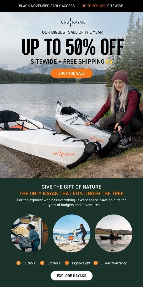 Email from Oru Kayak. Give More, Spend Less: 20-50% Off + Free Shipping 🎁