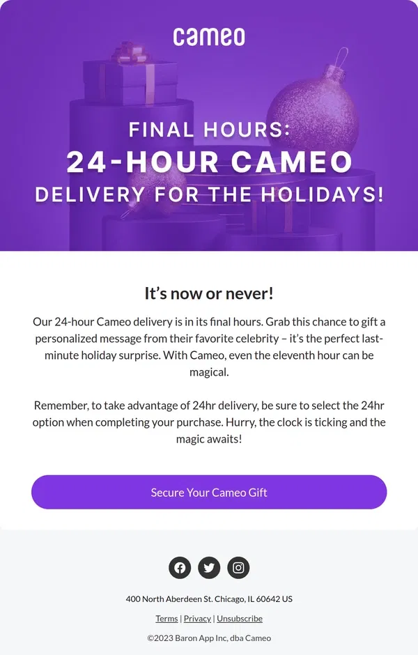 Email from Cameo. 🎅 Last Call for 24hr Cameo Gifts! Get Yours Now!