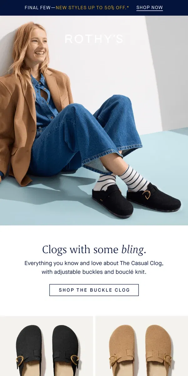 Email from Rothy's. Best-selling clogs 🤝 buckles.