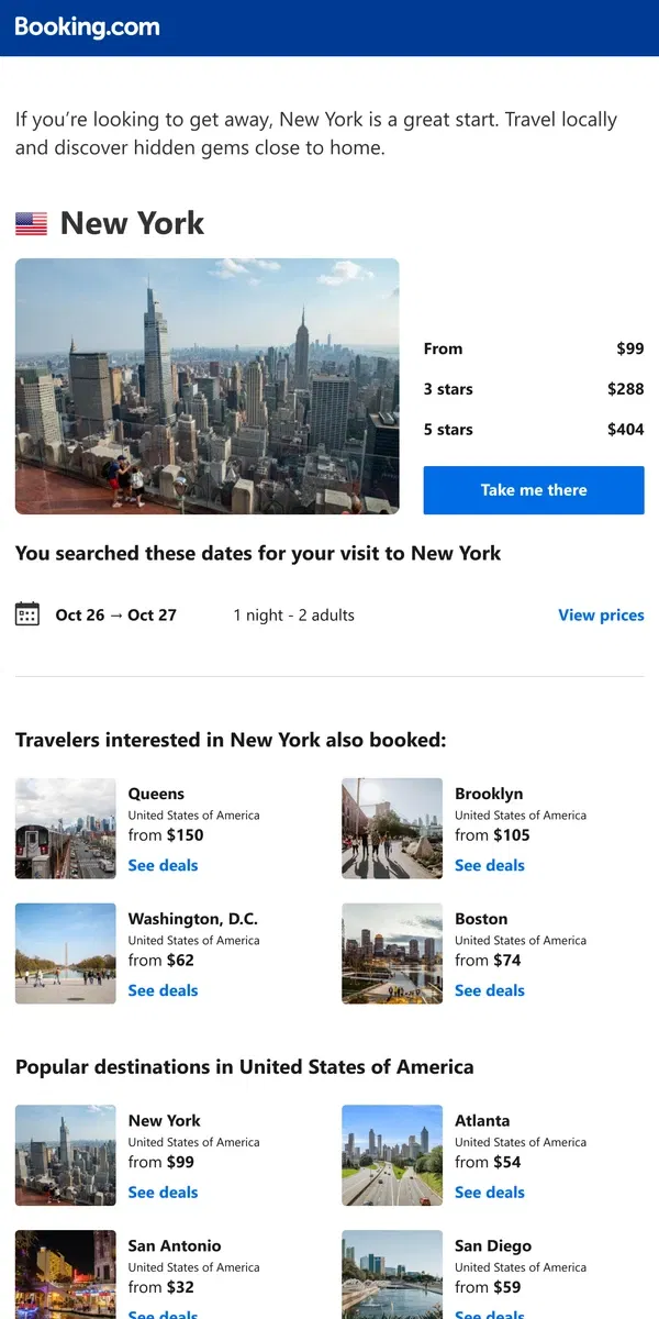 Email from Booking.com. Don’t forget your search for New York – prices as low as $99!