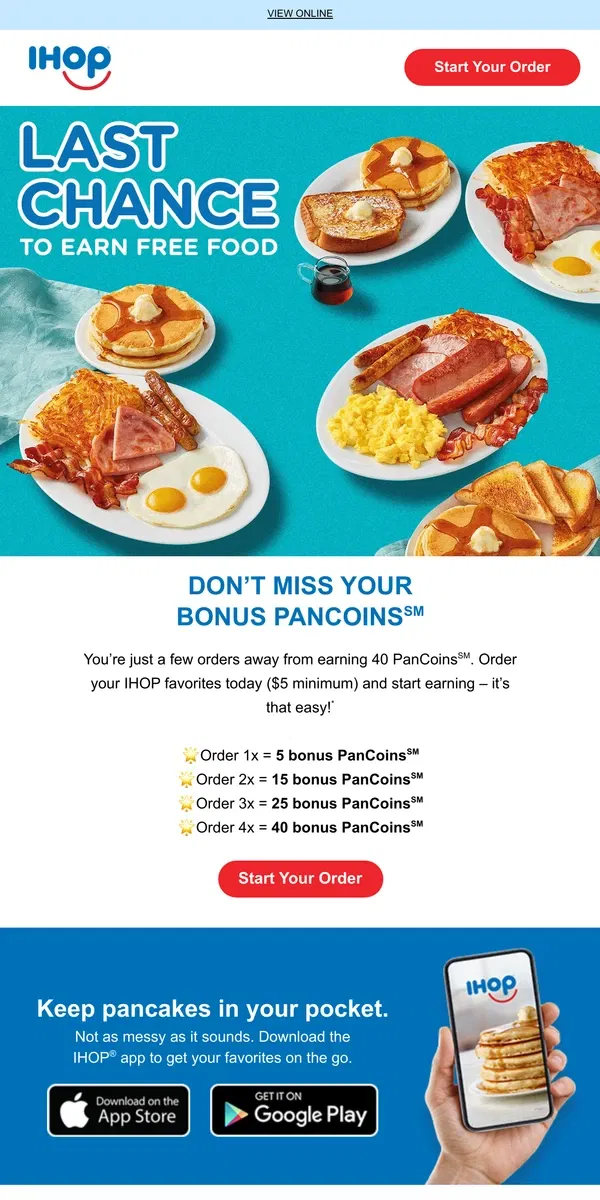 Email from IHOP. ⏰LAST CHANCE: Earn Your Bonus PanCoins℠