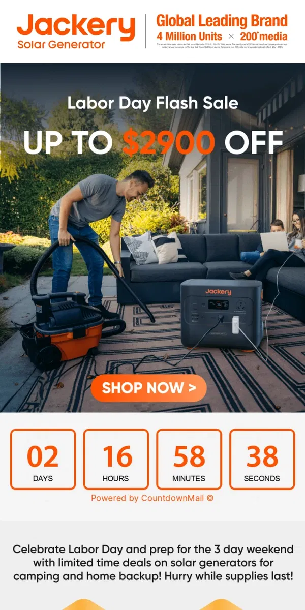 Email from Jackery. 🎉 ⏰ 72-Hour Labor Day Flash Sale Starts Now!