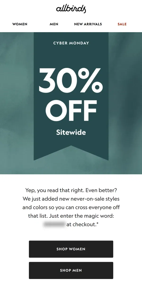 Email from Allbirds. Three Words: 30% Off Sitewide 