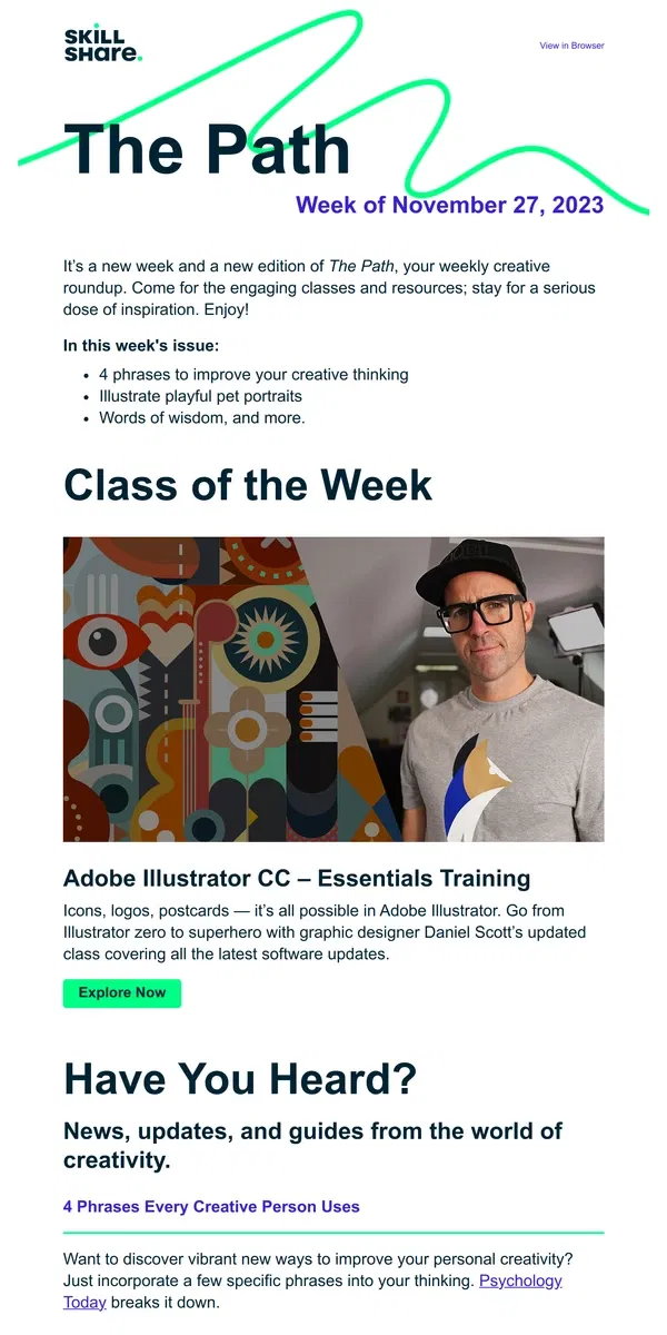 Email from Skillshare. The Path: Issue 004 - Adobe Illustrator made easy, playful pet portraits, and A/B testing Reels