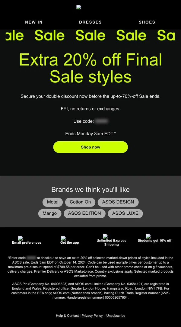 Email from ASOS. Last chance: extra 20% off Final Sale