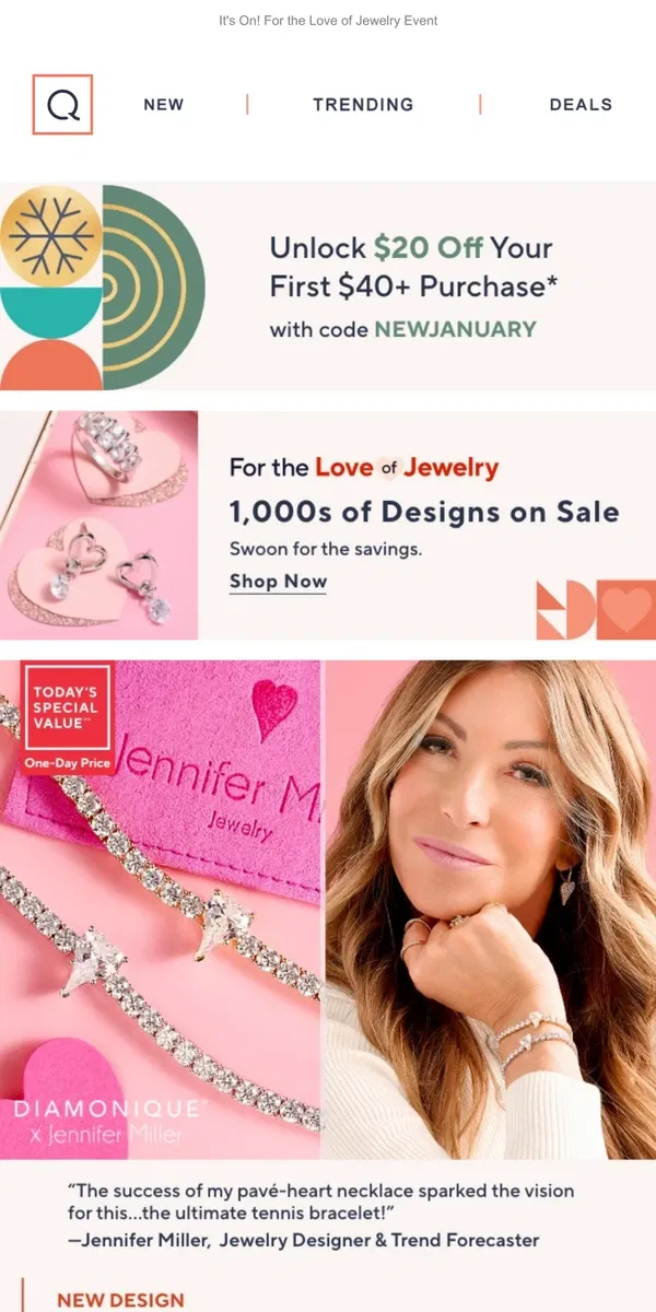 Email from QVC. Diamonique x Jennifer Miller Bracelet 💕