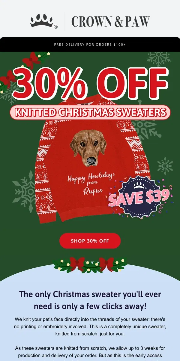 Email from Crown & Paw. Cozy Christmas Knitwear + Your Pet's Face = 🥰 🎄