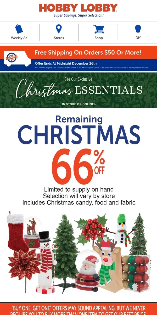 Email from Hobby Lobby. Happy Holidays & Happy Savings! ✨