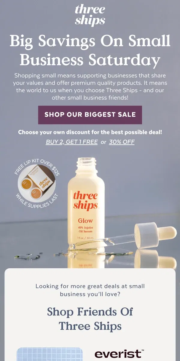 Email from Three Ships Beauty. Shop Small On Small Business Saturday!